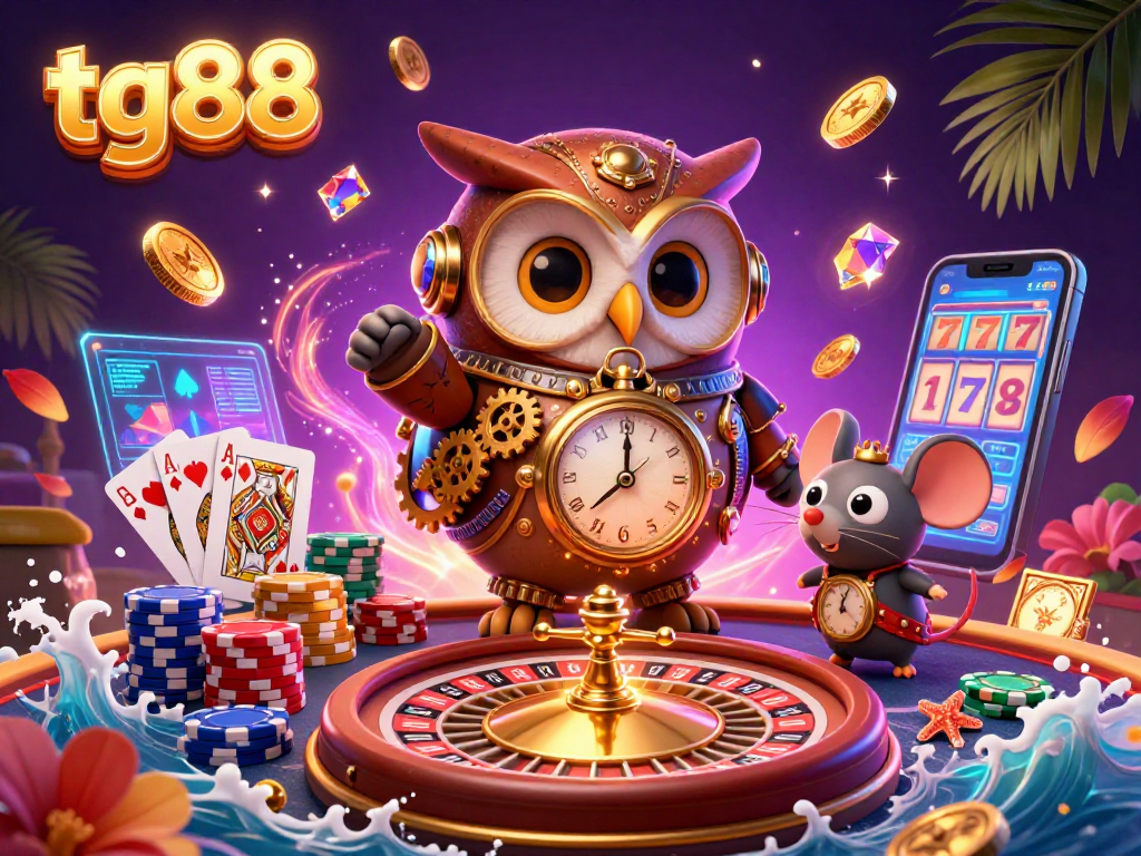 Spin and win with tg88's vibrant 3D casino scene featuring an owl and mouse amidst golden coins and roulette.