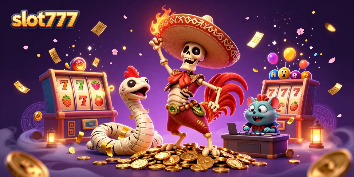 Memenangkan hadiah besar saat bermain slot777 dengan simbol keberuntungan dan karakter ceria di latar belakang kasino online.