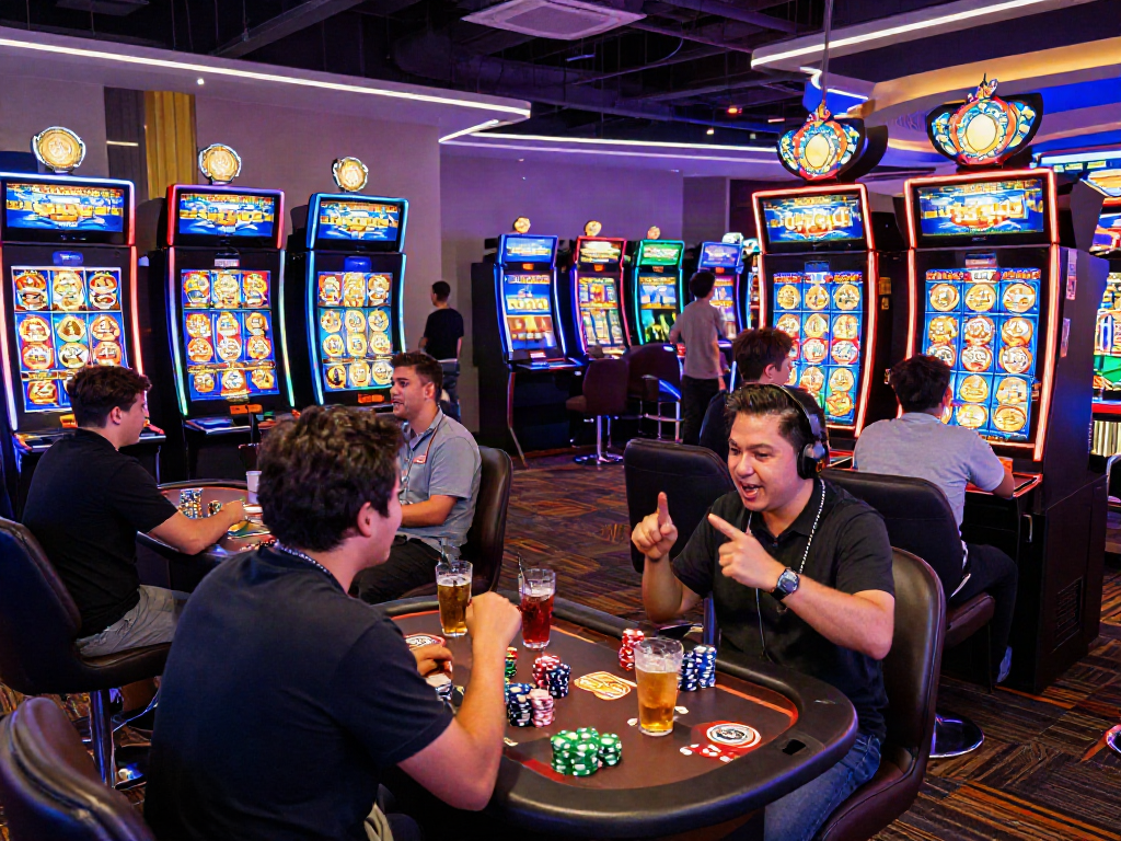 Exciting gaming atmosphere at an online casino showcasing bandar slot games, players celebrating wins and enjoying the vibrant environment.