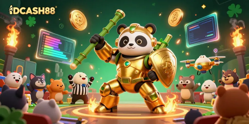 Engage with IDCASH88's vibrant gaming experience featuring Bitcoin and Ethereum elements along with action-packed characters.