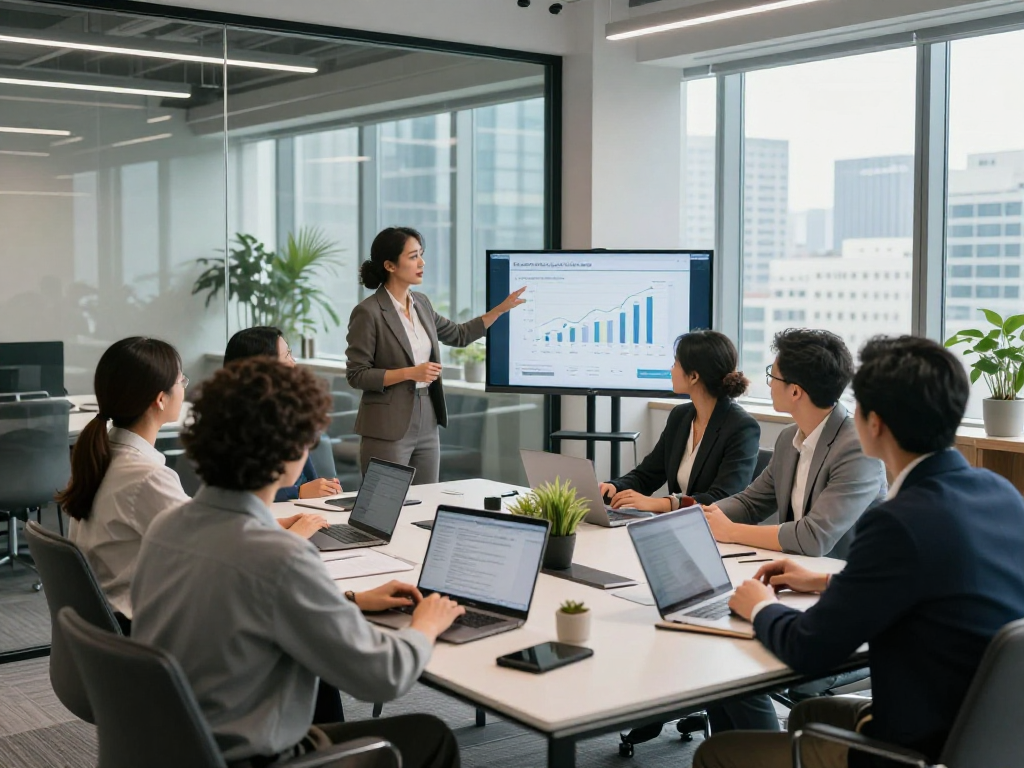 Ruang rapat modern di https://bos88ap.com/ dengan tim profesional sedang mendiskusikan strategi pertumbuhan bisnis.