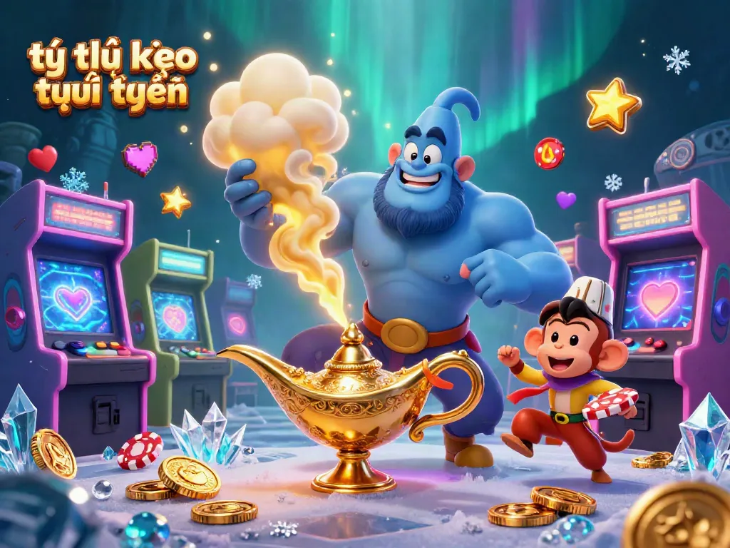 Betting strategies are explored in this vibrant illustration of tỷ lệ kèo trực tuyến featuring a genie and casino elements.