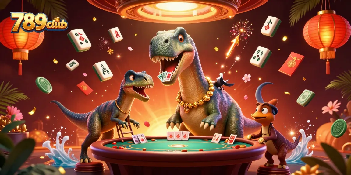 Experience the excitement at 789club with a vibrant casino scene featuring a dinosaur dealer and festive decorations.
