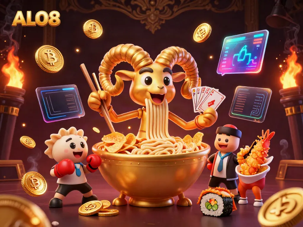 Engage with the thrilling ALO8 experience, showcasing a vibrant 3D unique casino scene filled with characters and digital currencies.