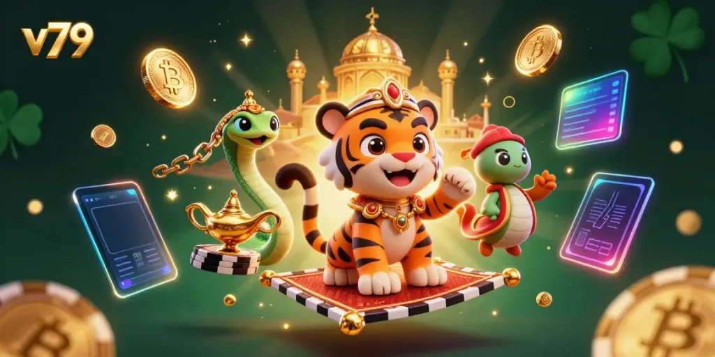 Experience thrilling games at v79's casino world with vibrant 3D characters and crypto elements.