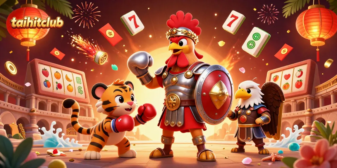 Experience gaming excitement at taihitclub with a lively scene featuring 3D characters and casino elements.