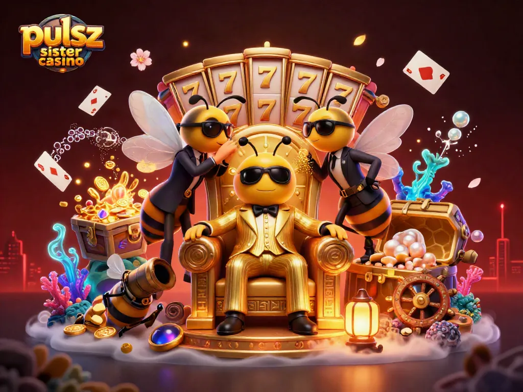 Pulsz sister casino showcases a cartoon bumblebee boss in a rich casino scene with slot reels and vibrant decorations.