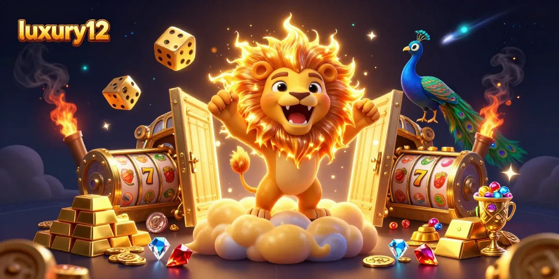 Spin and win with luxury12 as a dazzling cartoon lion roars among treasures and slot reels.
