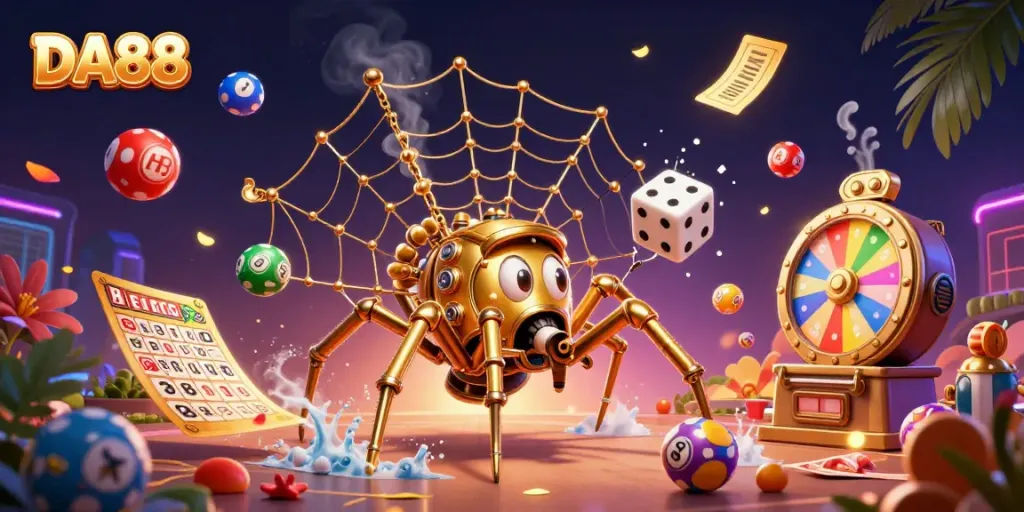 Engage with DA88 in a vibrant casino illustration featuring a golden spider and dynamic elements.