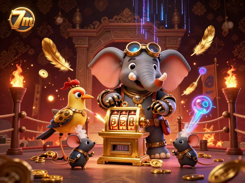 Engage with the dynamic 7m slot machine scene featuring a steampunk elephant engineer, surrounded by betting tokens and vibrant energies.