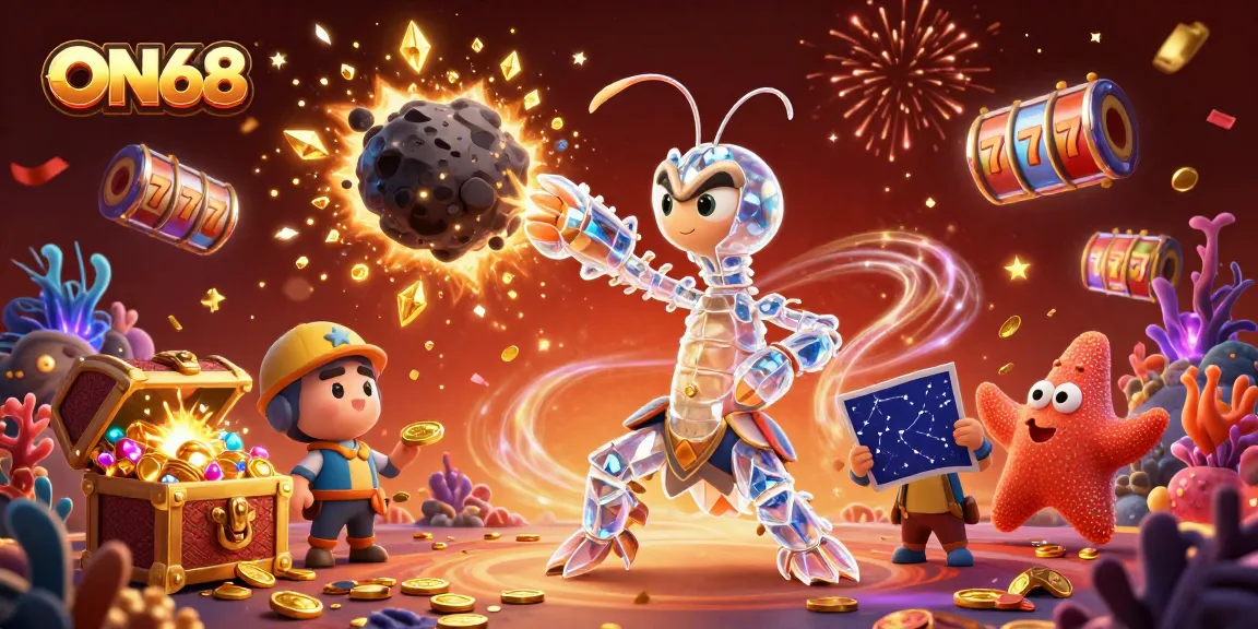 Experience thrilling action at ON68 with a 3D cartoon mantis shrimp in battle, exploding treasures, and gaming elements.