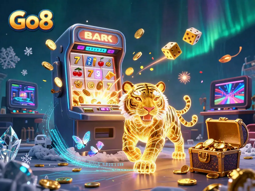 Go8 digital casino scene with neon tiger, slot machine, and jackpot elements