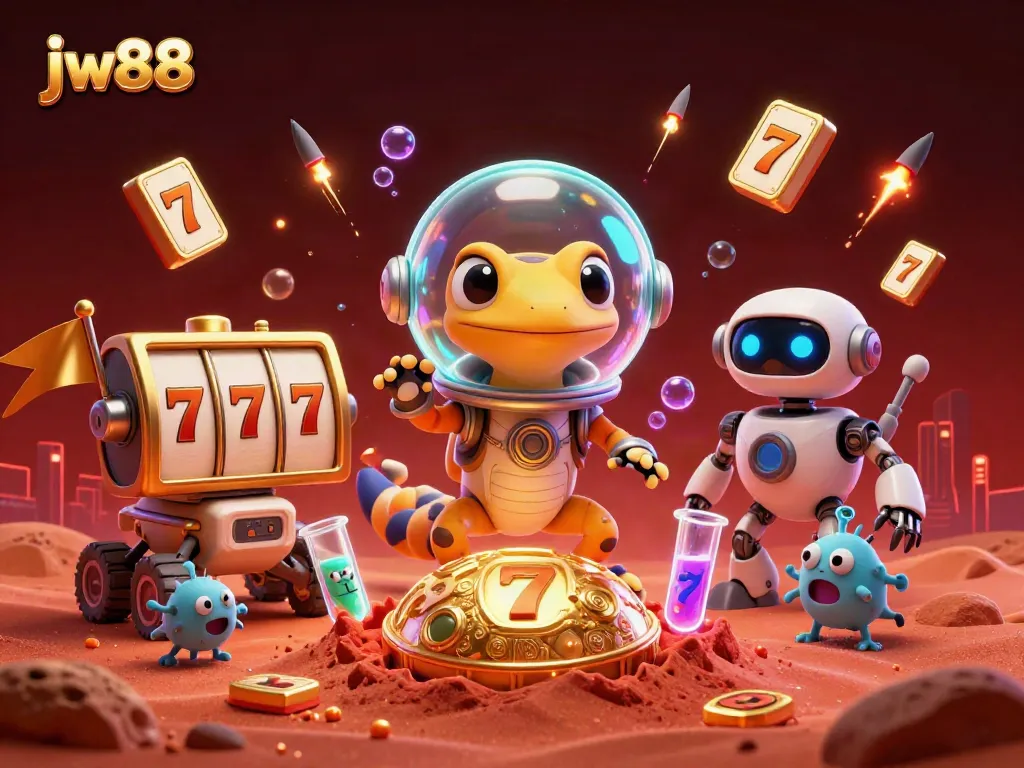 Engaging scene of jw88 platform showcasing a Martian gecko with a retro space suit discovering a golden casino amidst vibrant game elements.