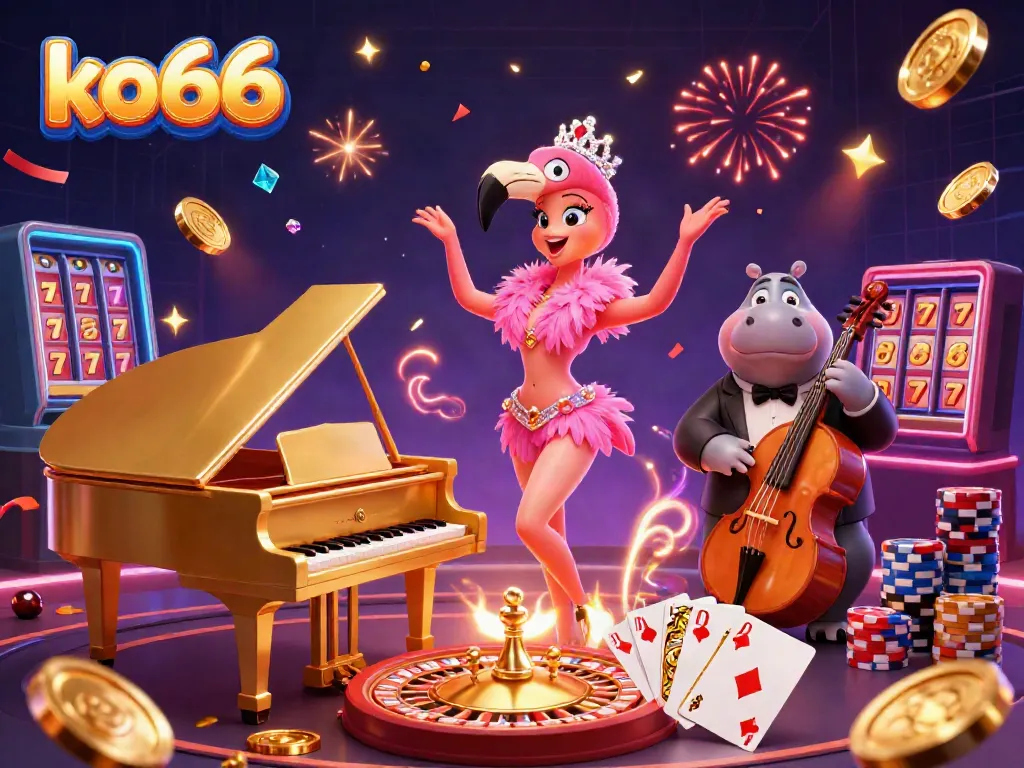 Engage with ko66 as the flamingo singer and hippo bassist perform in a vibrant casino scene.