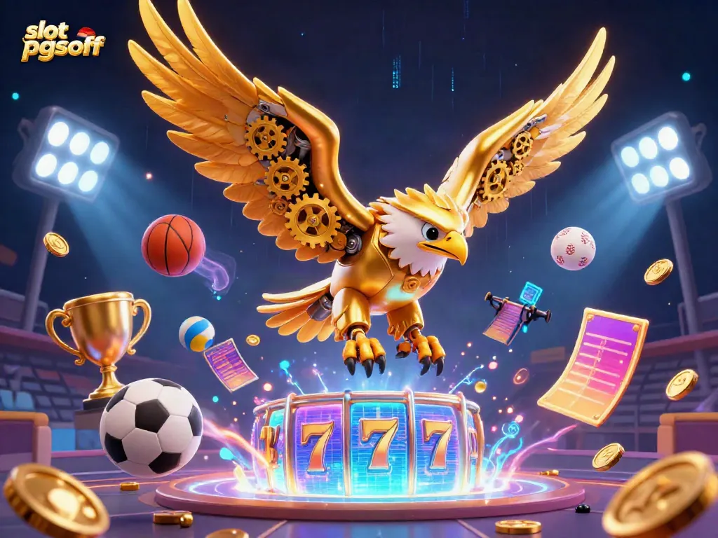 Engage with slot pgsoft through a thrilling 3D scene depicting a golden eagle and dynamic gaming elements.