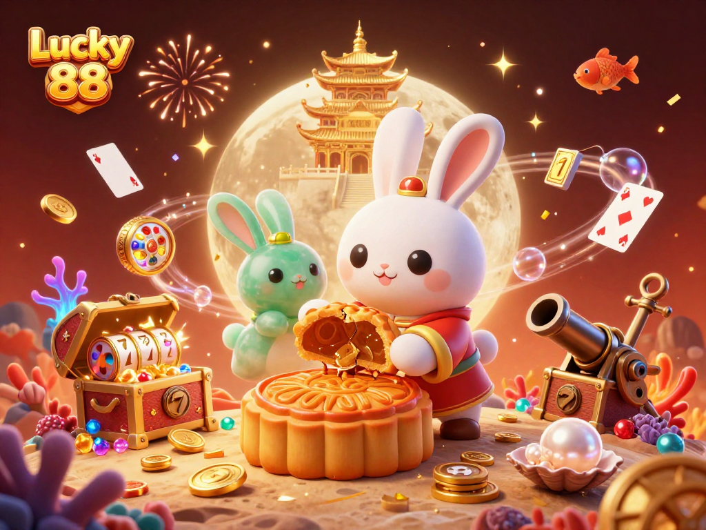 Engage in thrilling gameplay with Lucky 88, featuring moon rabbit characters and vibrant casino elements.