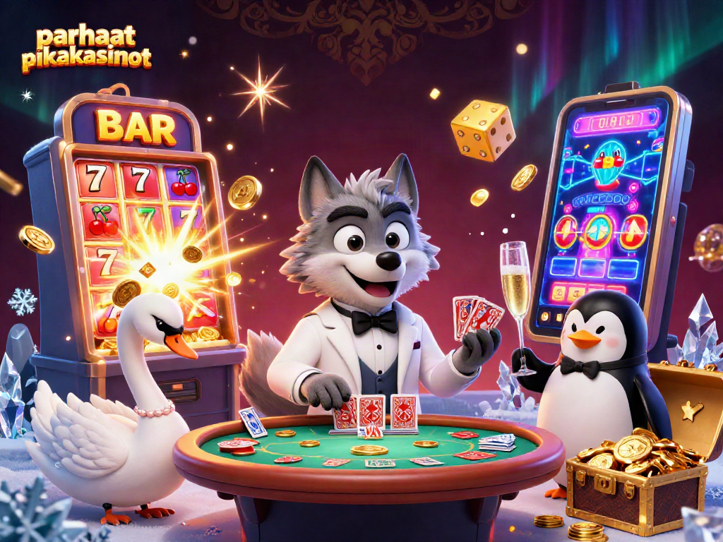Experience the thrill of parhaat pikakasinot with a debonair wolf, an elegant swan, and a penguin sommelier amidst vibrant casino excitement.