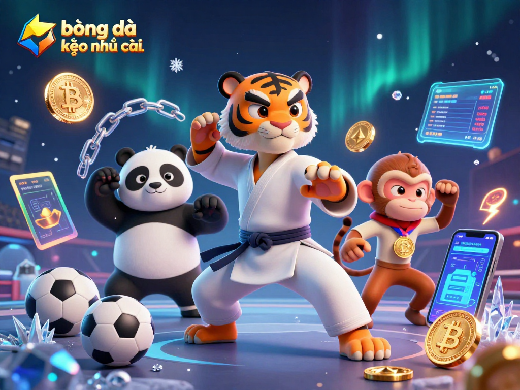 Engaging sports betting scene with bóng đá kèo nhà cái theme featuring a tiger, panda, and monkey.