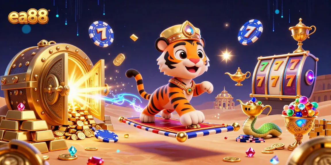ea88 showcases a vibrant Arabian Nights-themed scene with a tiger sultan and treasures.