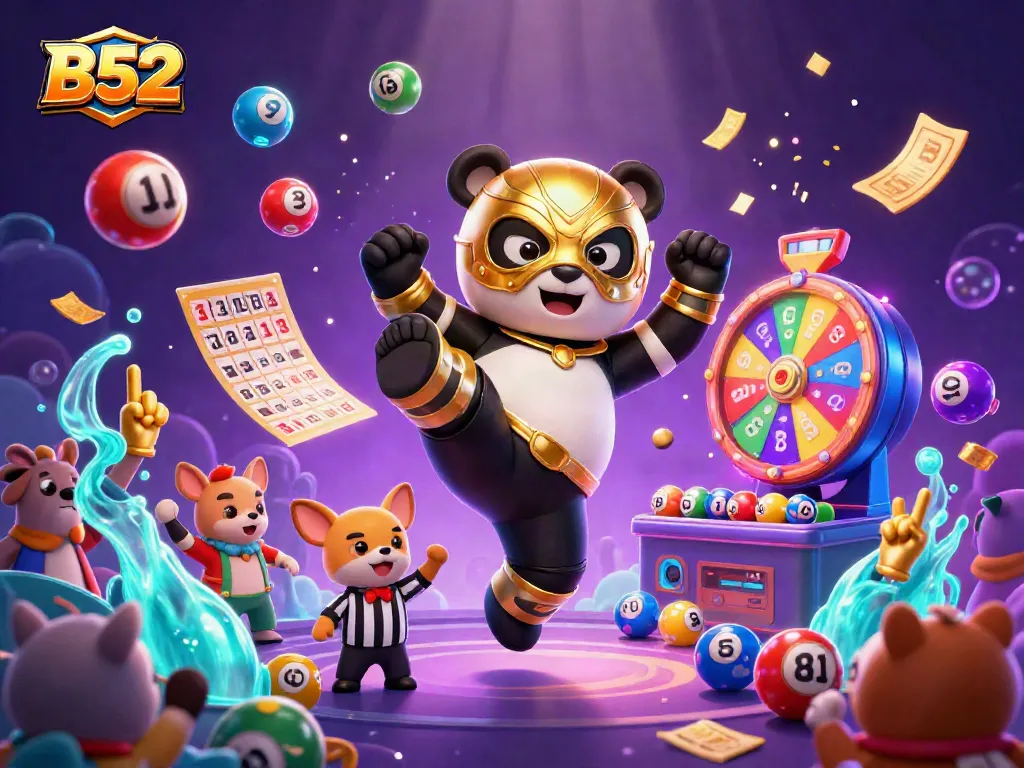 B52 gaming moments with a panda wrestler flying kick, vibrant bingo elements floating around