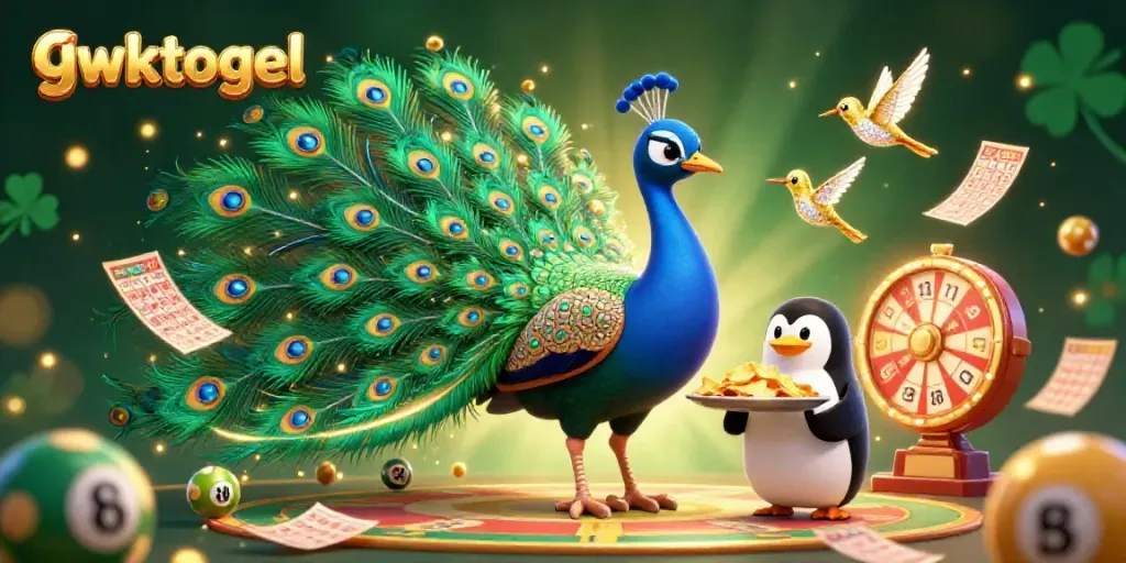 Melihat gwktogel dengan grafik detail 3D, penguin pelayan, dan penguin berpengantar chip emas dalam bingkai lotere.