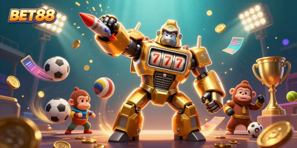 BET88 khuyến mãi với hình ảnh hoạt hình 3D của gorilla mech đánh bại máy đánh bạc.