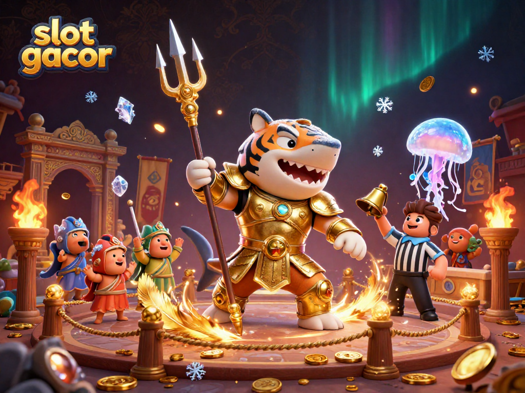 Slot gacor dengan ilustrasi hiu harimau 3D bertema kasino dalam koloseum bawah laut.