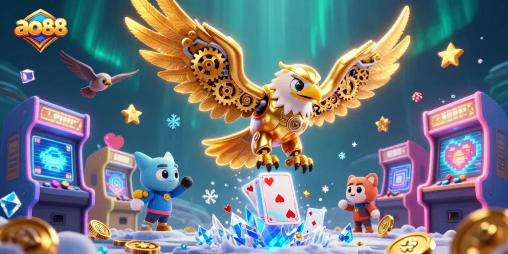 Engage with ao88's thrilling games as a cybernetic golden eagle dives through holographic cards in this dynamic scene.