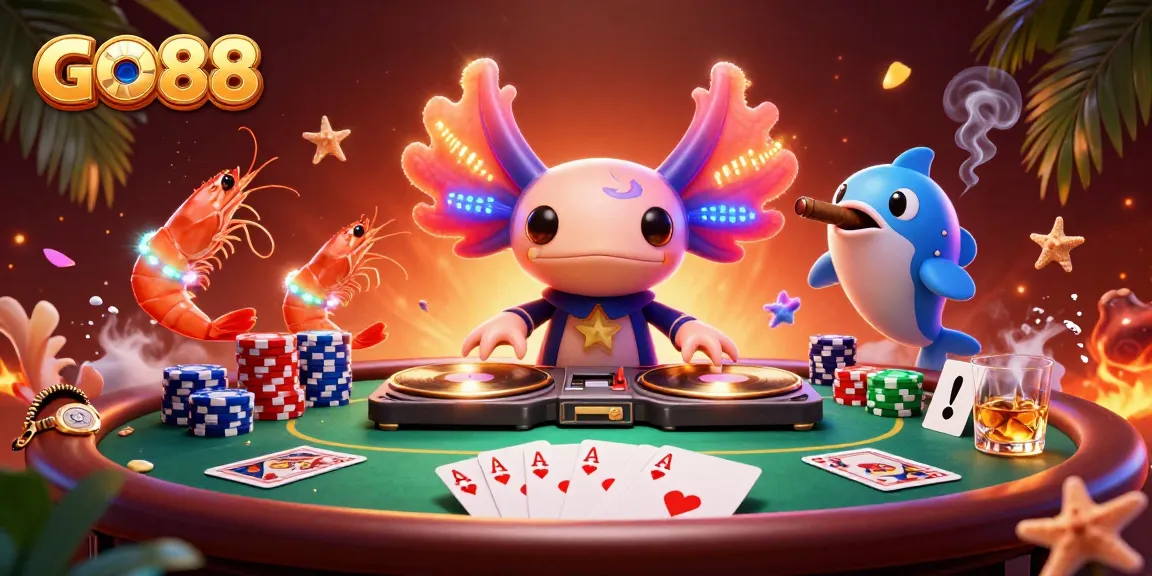 GO88 showcases a vibrant casino scene featuring a neon axolotl DJ and poker elements in dynamic action.