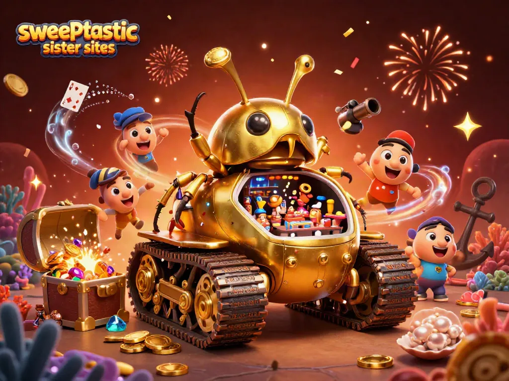 Experience the adventure of sweeptastic sister sites with games, coins, and vibrant casino elements.