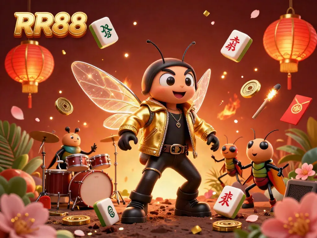 RR88 captures the thrill of online gambling through dynamic 3D illustration featuring vibrant casino elements.