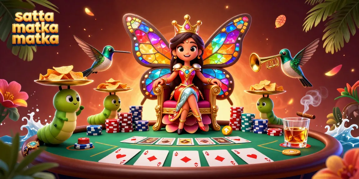Satta matka matka illustrated scene with butterfly queen and poker elements in vibrant casino setting.