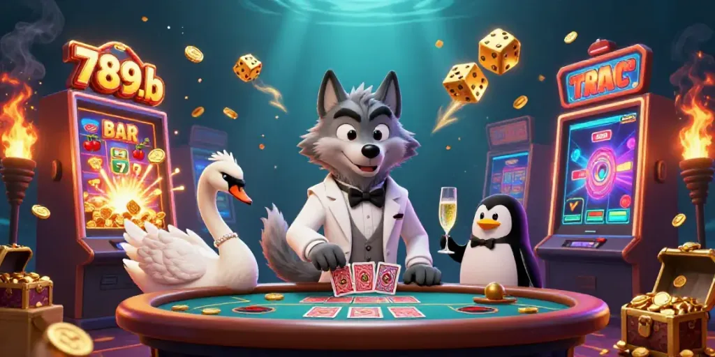 Experience 789b's vibrant gaming world with a dynamic casino scene featuring colorful characters and exciting games.
