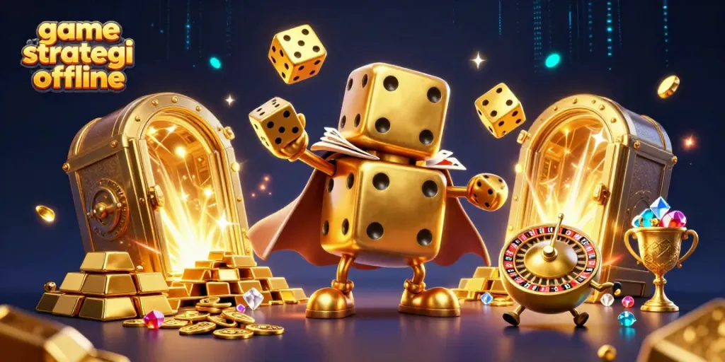 Permainan strategi offline yang menampilkan dadu emas raksasa di kasino yang penuh dengan harta karun dan efek kilau.