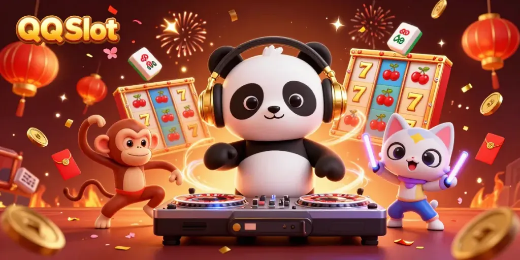 Experience the excitement of QQ Slot with a lively scene featuring a DJ panda and a breakdancing monkey.