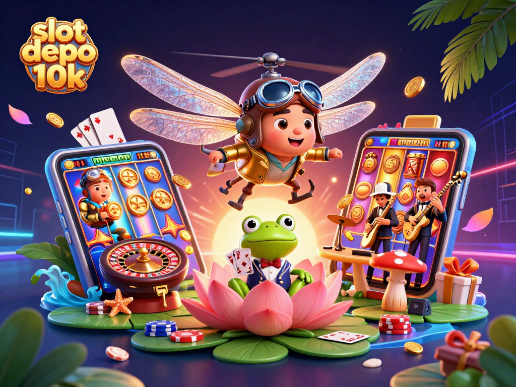 Play colorful slot depo 10k games with a lively dragonfly pilot and a frog croupier.
