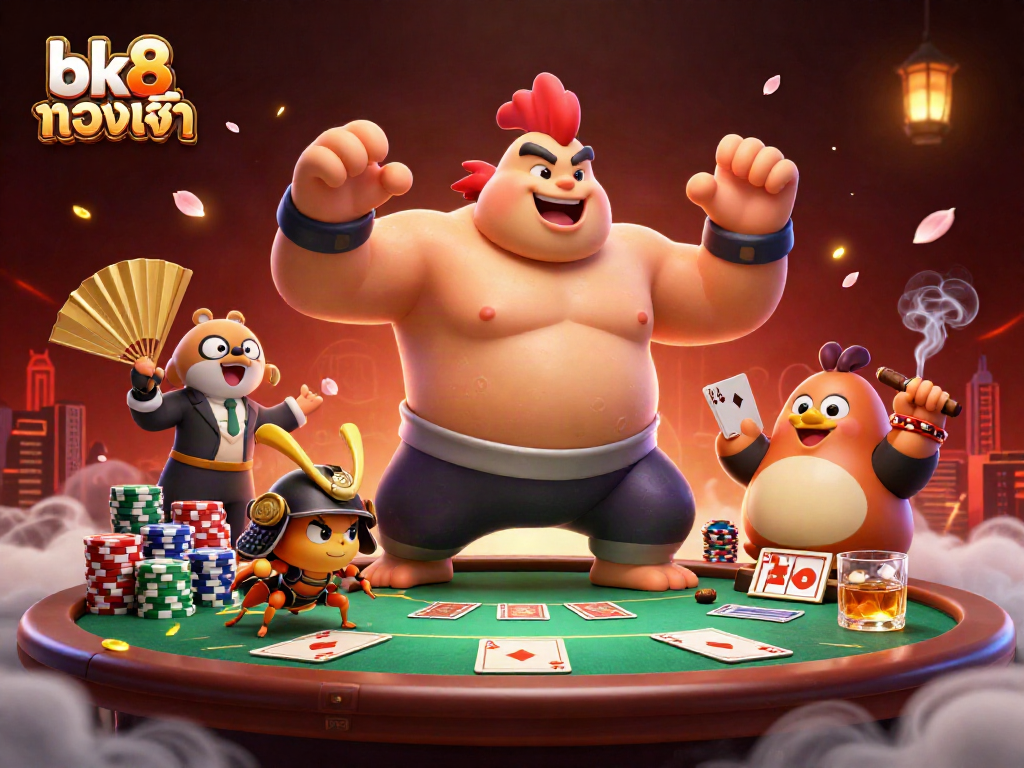 Engage in thrilling poker action with bk8 ทางเข้า as a powerful sumo wrestler rooster and samurai cricket face off.