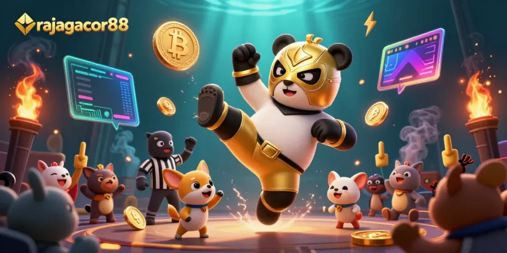 Experience rajagacor88 with a vibrant scene of a panda wrestler and animal crowd cheering, powered by crypto elements.