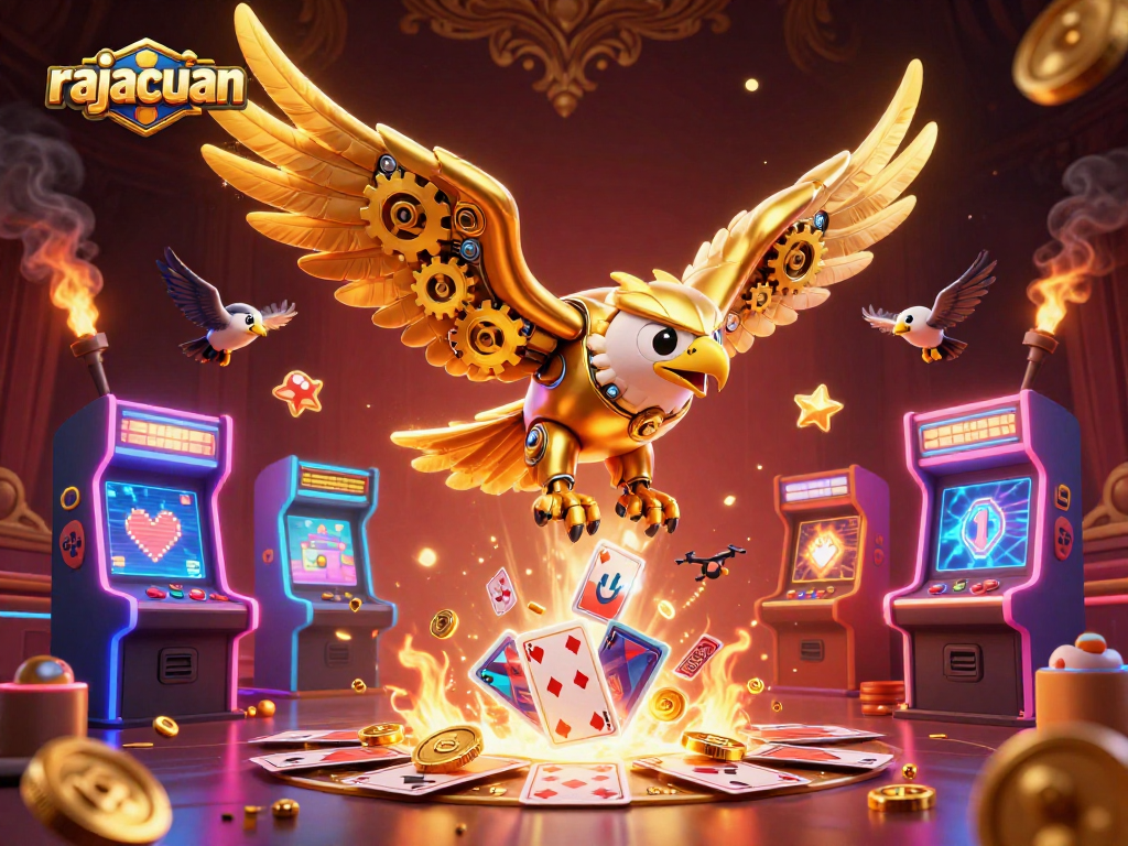 Experience thrilling gameplay at rajacuan with a cybernetic eagle amidst holographic casino scenes.