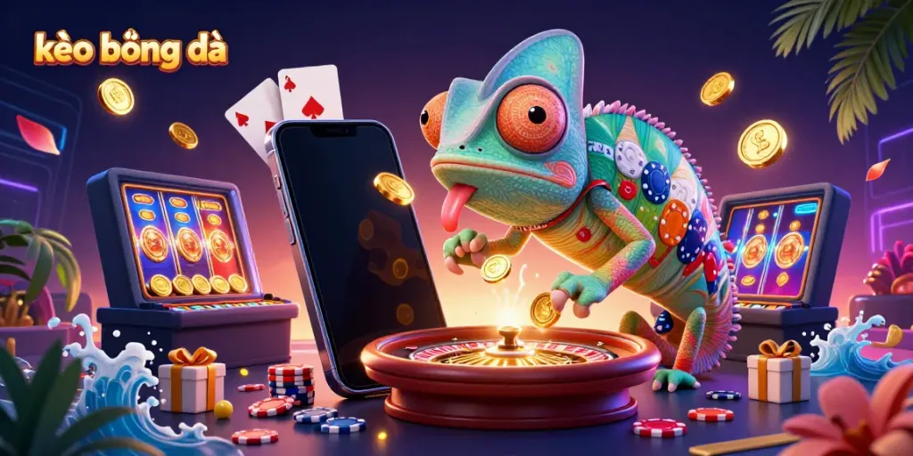 Engaging scene demonstrating kèo bóng đá with a colorful chameleon casino owner amidst gaming elements and vibrant effects.