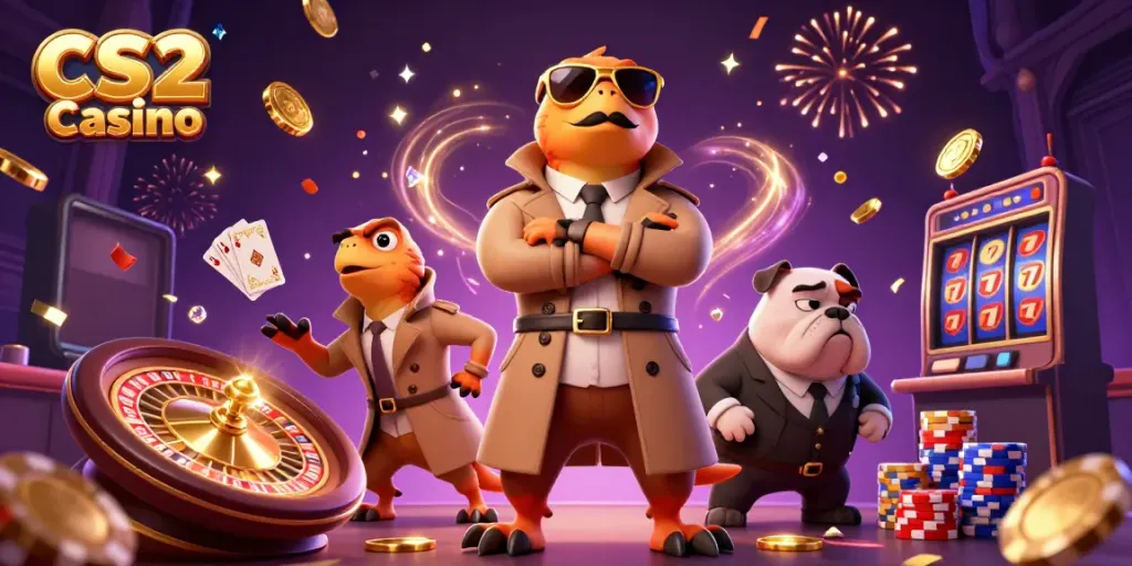 Experience the excitement of CS2 Casino with raptors and a bulldog in a VIP scene.