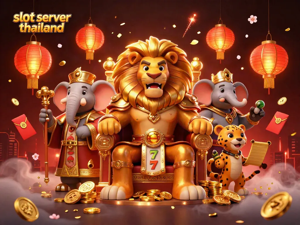 Engage with slot server thailand featuring a lion king, elephant advisor, and cheetah messenger surrounded by festive casino elements.