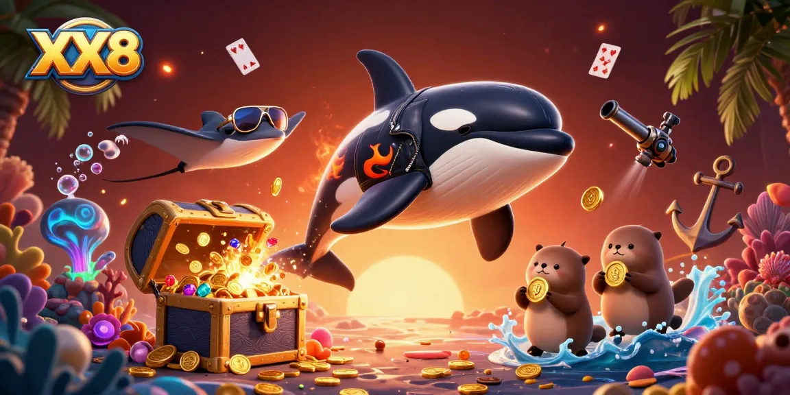 Experience thrilling online gaming adventures with the whimsical characters of XX8 amid vibrant underwater treasures.
