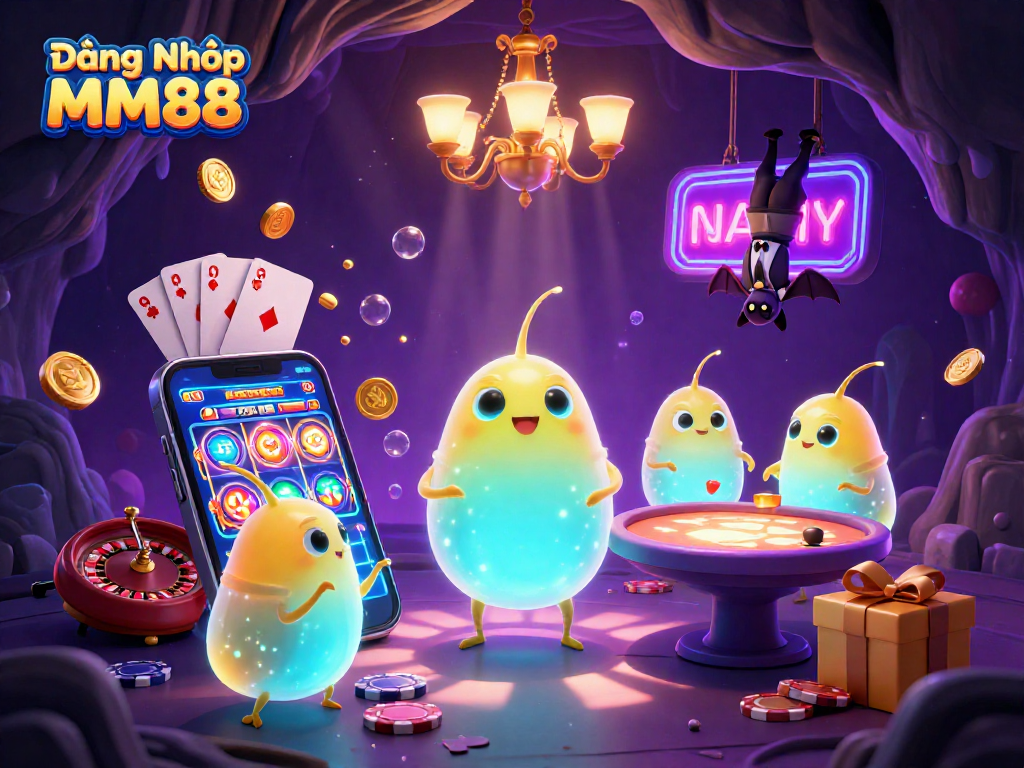 Interact with games at Đăng Nhập MM88 in an enchanting cave casino atmosphere featuring vibrant glowworms.