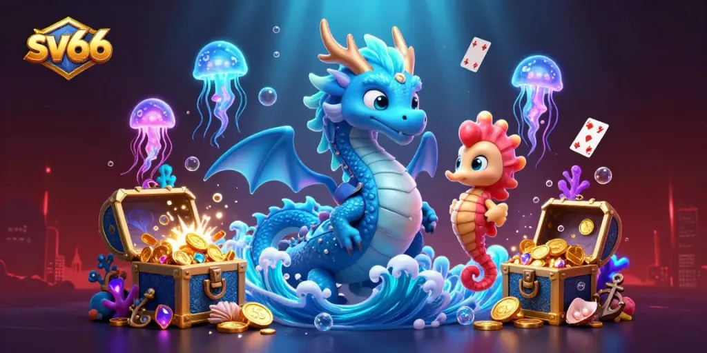 Play exciting games at sv66, featuring a vibrant underwater casino scene with dragons, seahorses, and treasure.