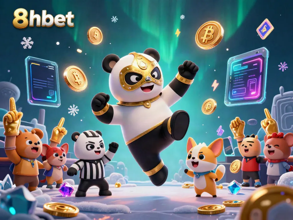 Experience thrilling action at 8xbet with colorful characters and crypto elements in an exciting casino scene.