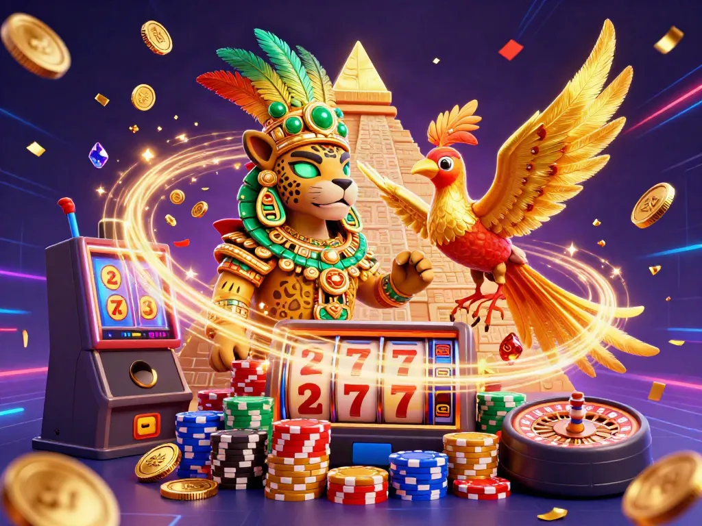 Experience the excitement of slot gacor hari ini with a dynamic 3D illustration of Mayan characters, casino themes, and vibrant gaming elements.