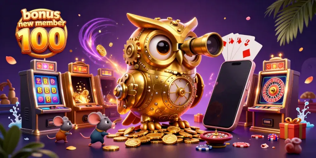 Experience the thrill of bonus new member 100 with a golden owl guiding tiny mice among colorful slots.