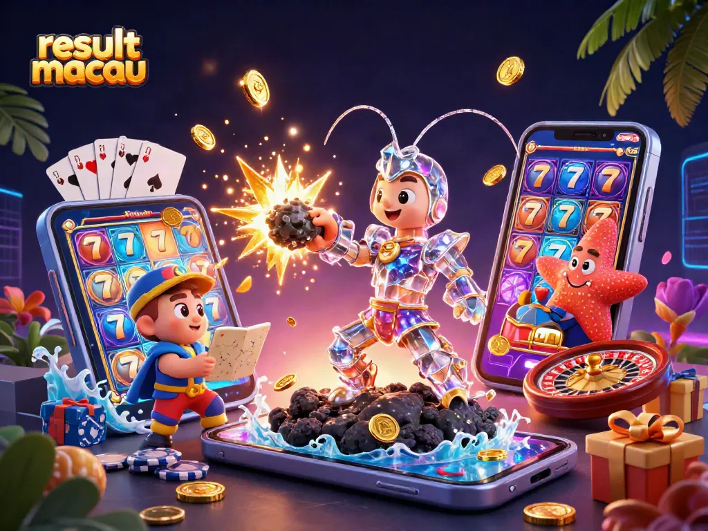 Engage with result macau by exploring colorful slot games amid golden gems and coins.