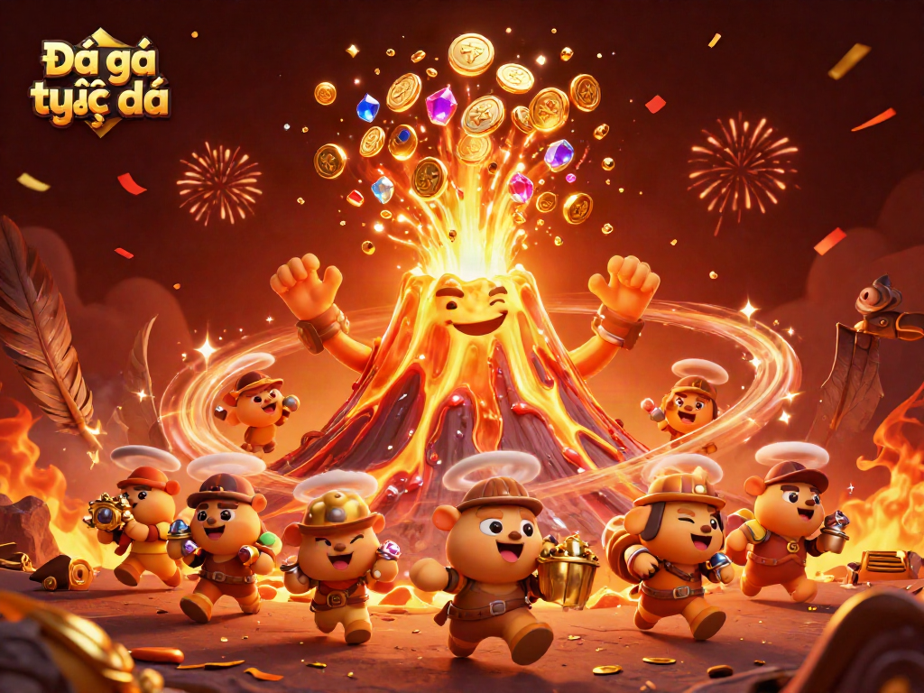 Experience the thrill of Đá gà trực tiếp with vibrant illustrations of a golden volcano and treasure seekers